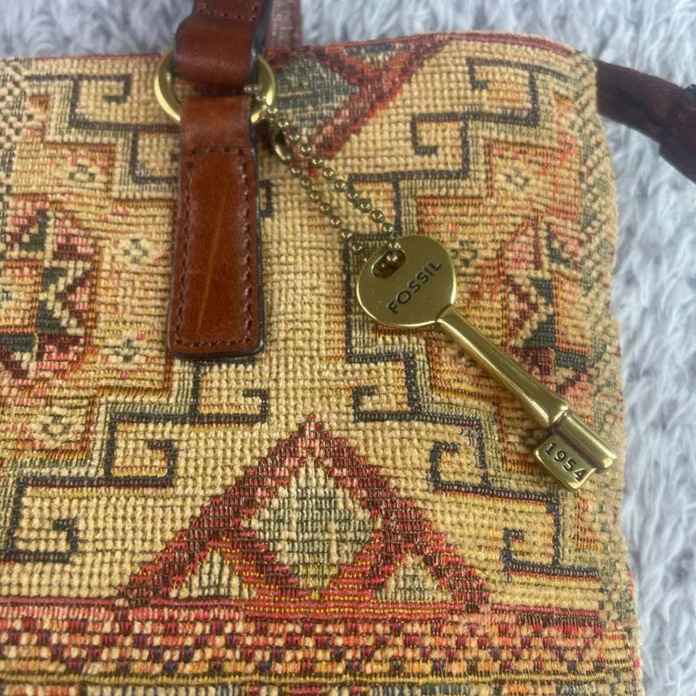 Fossil Satchel Bag Womens Medium Brown Vintage Kilim Tapestry Leather Trim